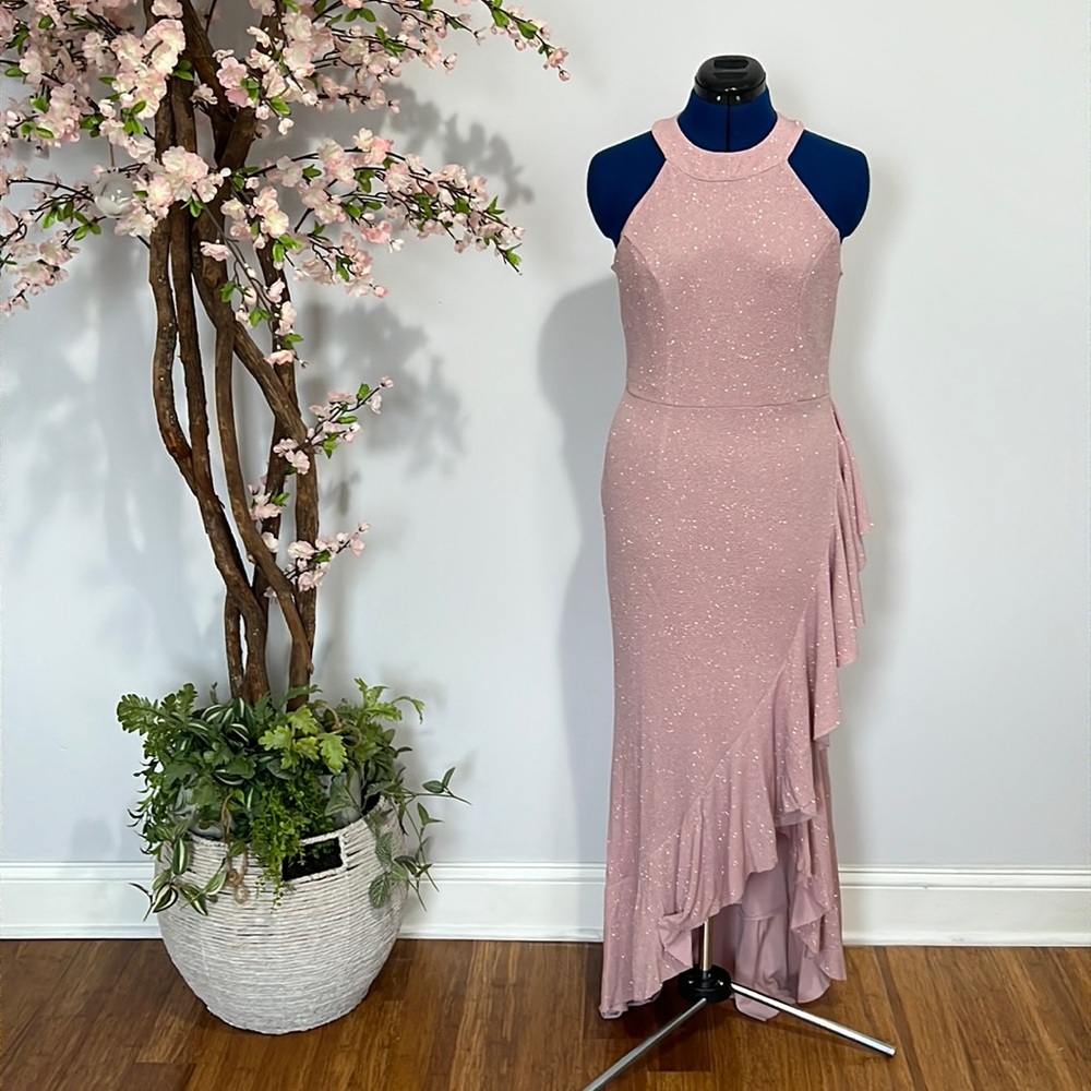 Pink ruffle evening gown.